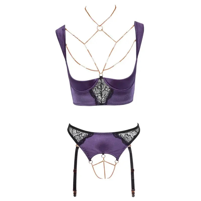 Abierta Fina Shelf Bra Set with Removable Rhinestone Chains and Suspender Straps