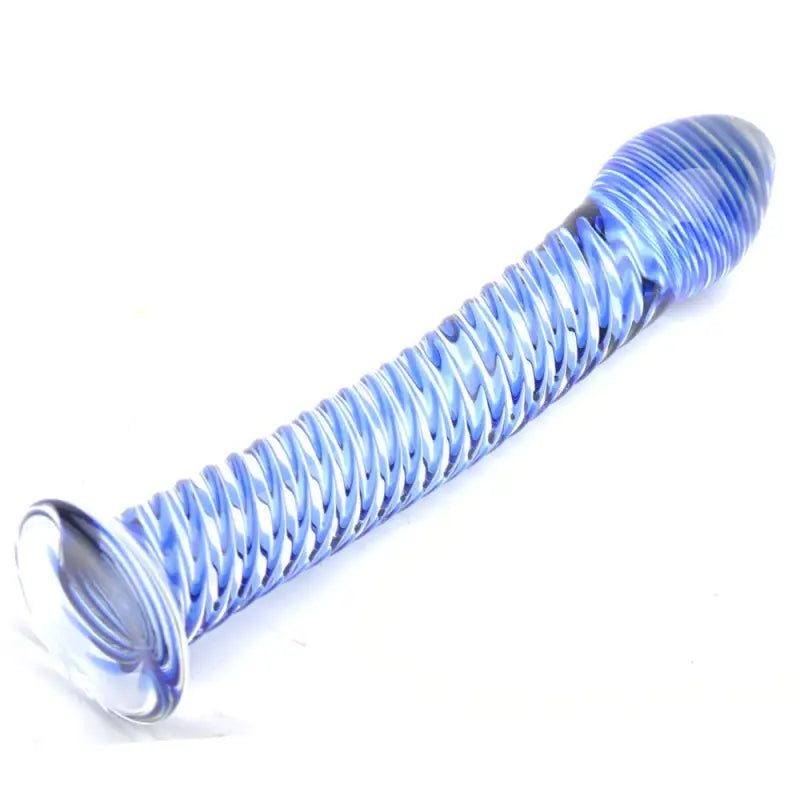 Blue Spiral Design Glass Dildo in Velvet Storage Pouch