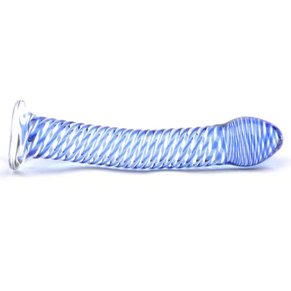 Blue Spiral Design Glass Dildo in Velvet Storage Pouch