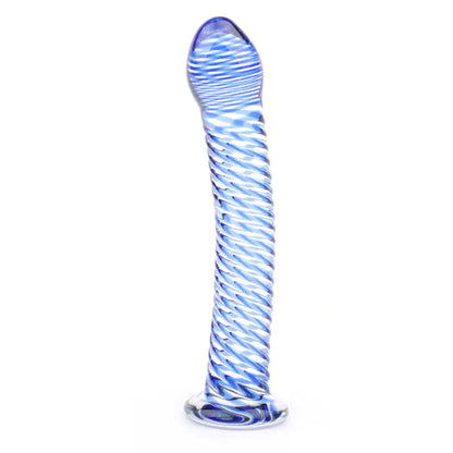 Blue Spiral Design Glass Dildo in Velvet Storage Pouch