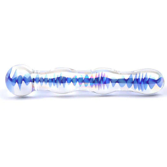 Blue Wavy Glass Dildo with Velvet Storage Pouch