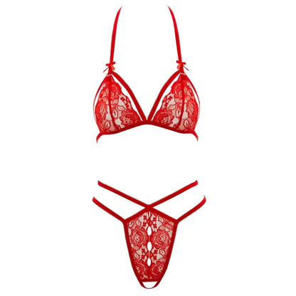 Cottelli Lace Set Red with Halterneck Bra and Crotchless String