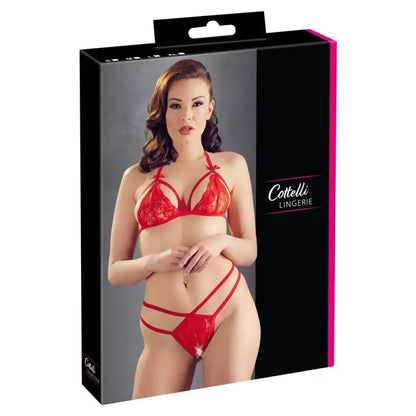 Cottelli Lace Set Red with Halterneck Bra and Crotchless String