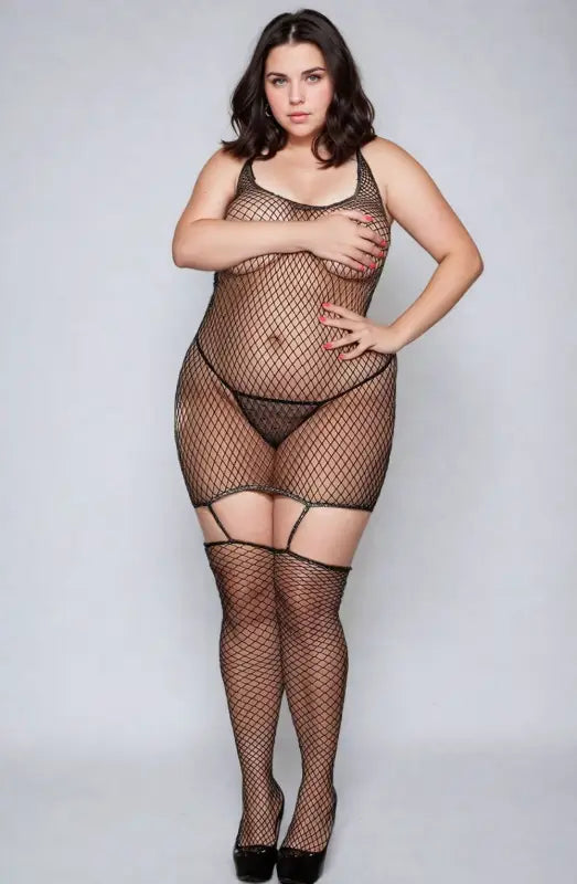 Dazzling Black Fishnet Plus Size Bodystocking for Unforgettable Style - One Size (Plus)