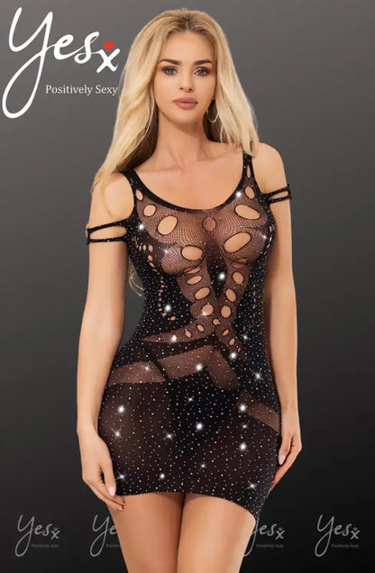 Dazzling YesX YX853 Sparkly Black Bodystocking Dress for Radiant Elegance - One Size