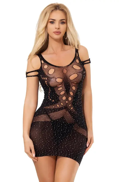 Dazzling YesX YX853 Sparkly Black Bodystocking Dress for Radiant Elegance - One Size