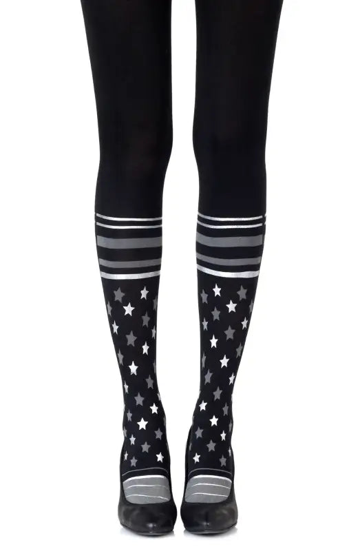 Elevate Your Look with Zohara Grey Silver Print Preppy Sock-Style Tights