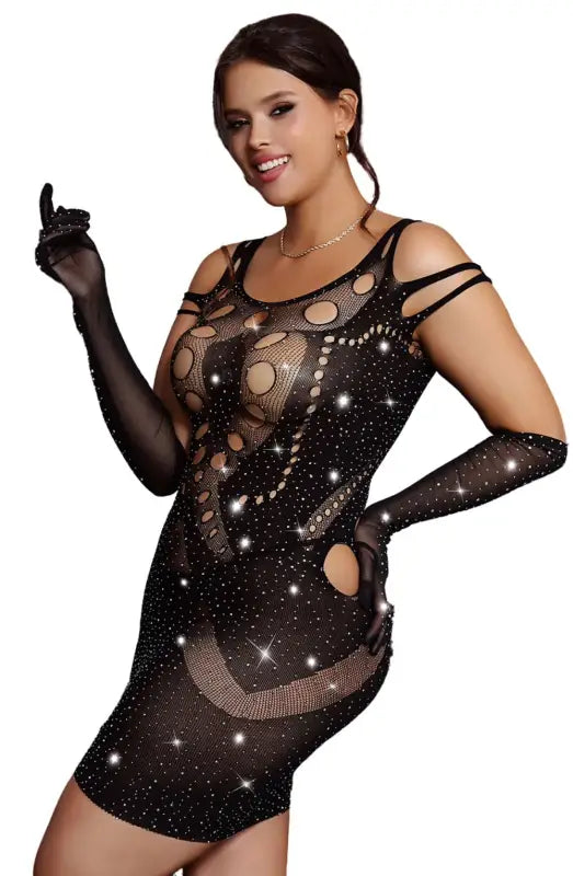 Embrace Elegance with the YesX YX853Q Sparkly Black Bodystocking Dress - One Size (Plus)