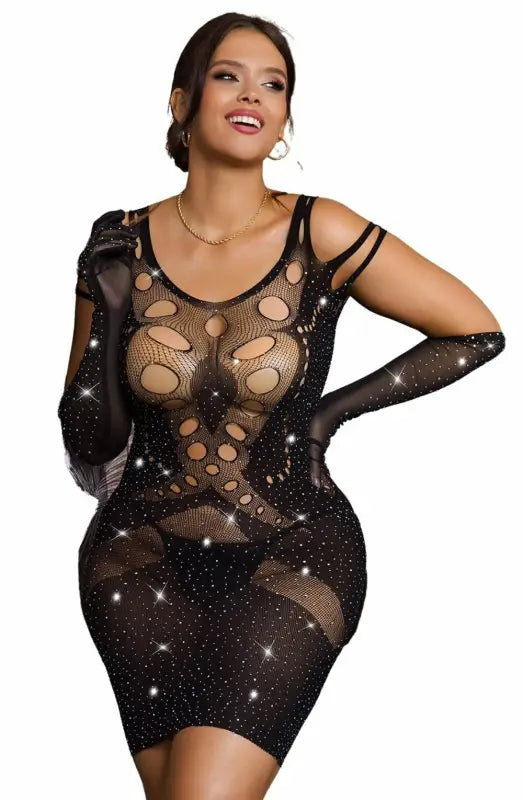 Embrace Elegance with the YesX YX853Q Sparkly Black Bodystocking Dress - One Size (Plus)