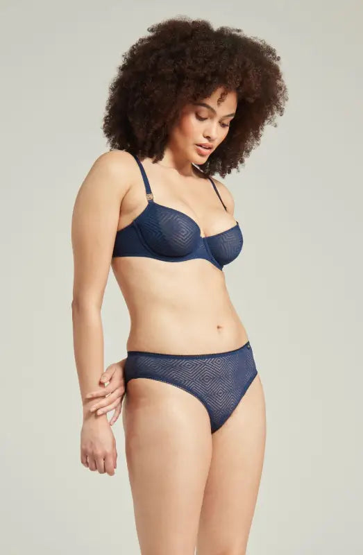 Experience Elegance with the Sheer Deco Lift Balcony Bra in Navy