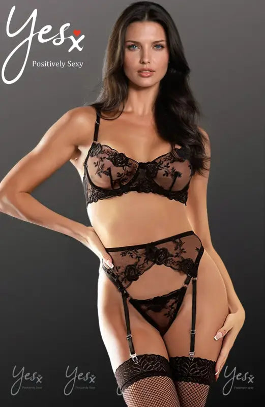 Experience Elegance with YX839 Lingerie Set in Lacey Black Three Piece