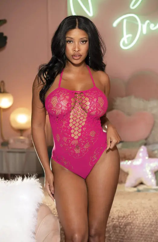 Exquisite Hot Pink Teddy with Halter Tie Neck and Large Fishnet Design - One Size