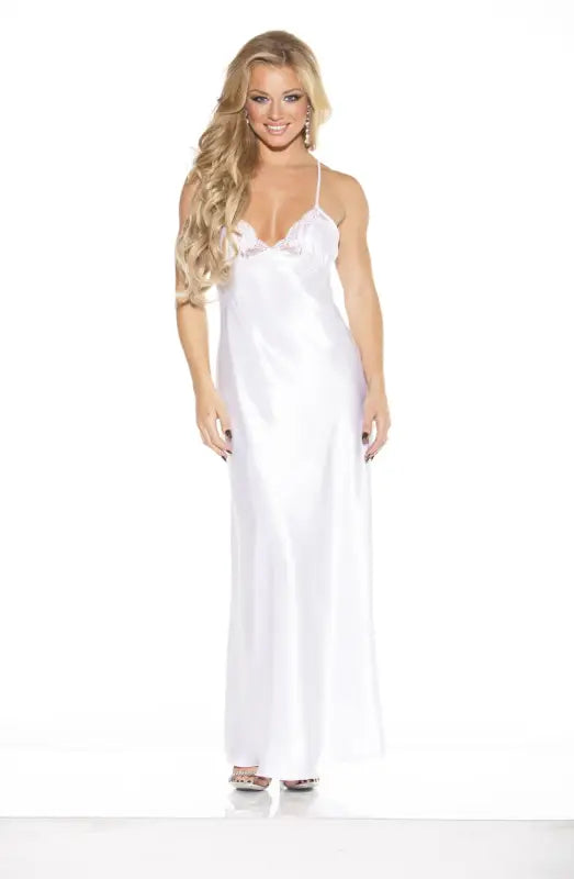 Exquisite White Long Gown with Lace Trimmed Cups and Flowing Train