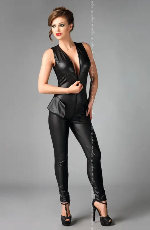 Indulge in the Sophisticated Sleeveless Leather-Look Catsuit Seduce Debby Black