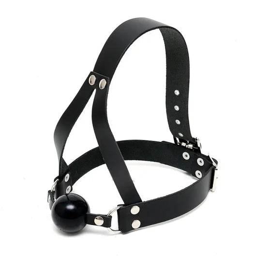 Leather Ball Gag with Adjustable Head Harness for Bondage Play