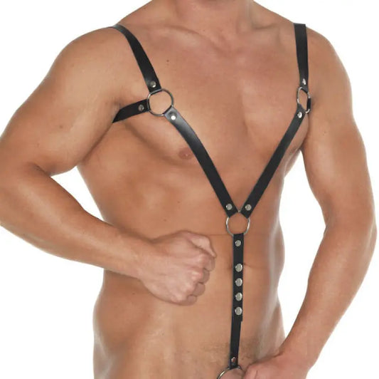 Leather Body Harness with Adjustable Cock Ring for Enhanced Pleasure