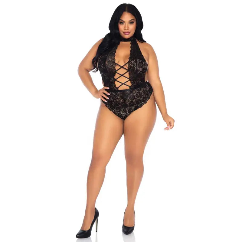 Leg Avenue Floral Lace Crotchless Teddy in Black for UK Sizes 14 to 18