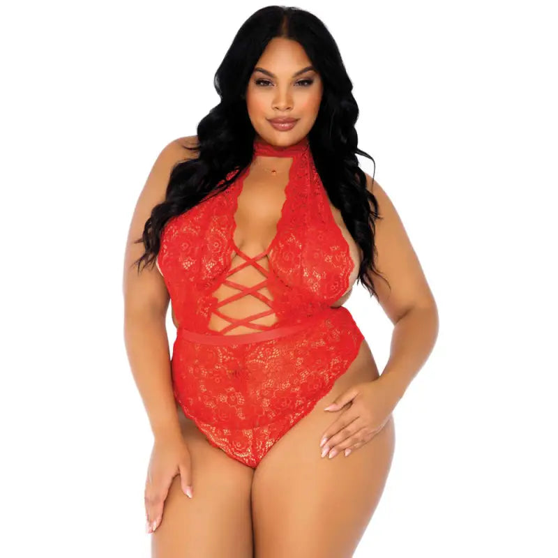 Leg Avenue Floral Lace Crotchless Teddy Red for UK Size 14 to 18