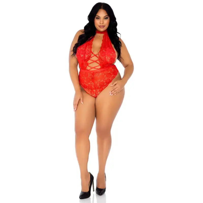 Leg Avenue Floral Lace Crotchless Teddy Red for UK Size 14 to 18