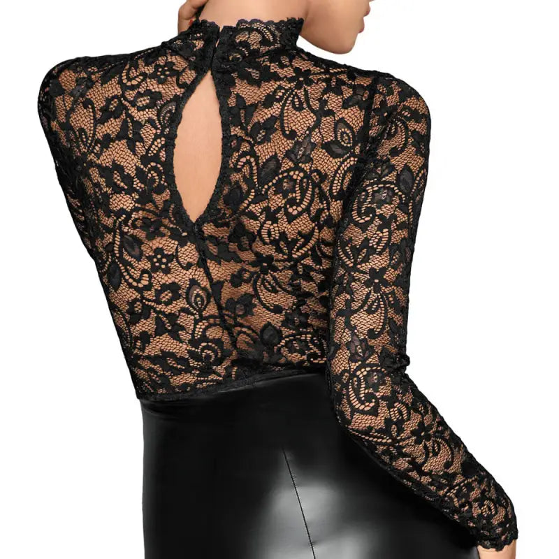 Noir Black Lace and Wet Look Pencil Dress in Exquisite Design