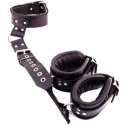 Rouge Garments Black Leather Neck to Wrist Restraints for Comfortable Bondage