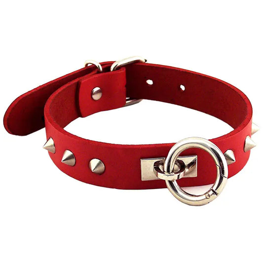 Rouge Garments Red Studded O-Ring Collar for Bondage Gear