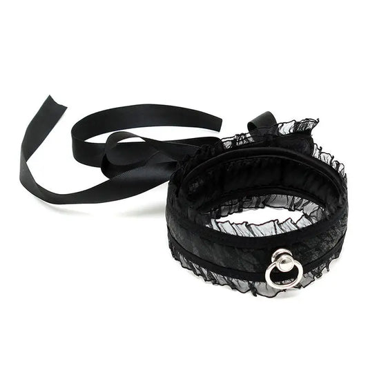 Satin Look Black Collar with O Ring and Lace Overlay Free Delivery