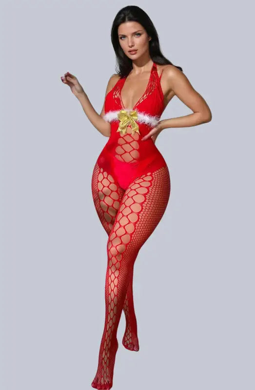 Seductive Red Halter YesX YX876 Christmas Fluffy Bodystocking Unveiled - One Size (S-L)