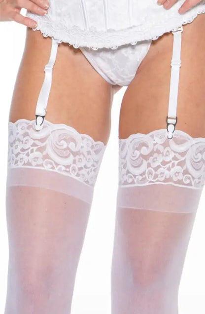 Shirley of Hollywood Lace Top Stockings in Elegant White Design - One Size