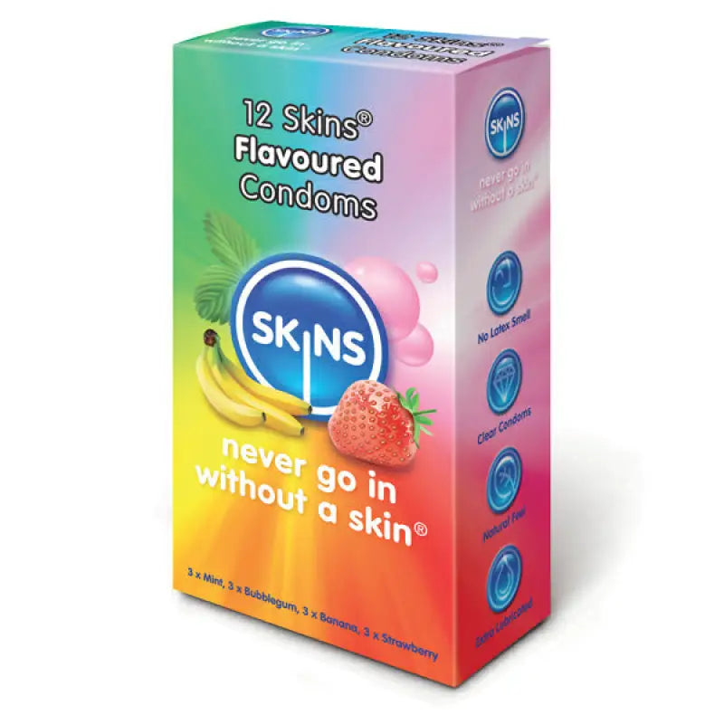 Skins Condoms Flavoured 12 Pack with Mint Bubble Gum Banana and Strawberry