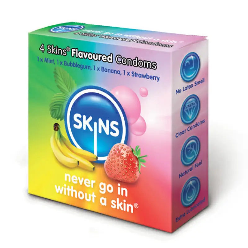 Skins Condoms Flavoured 4 Pack with Mint Bubble Gum Banana Strawberry