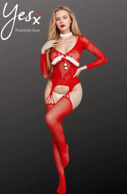 Sleigh the Season in YesX YX878 Christmas Fishnet Bodystocking - One Size (S-L)