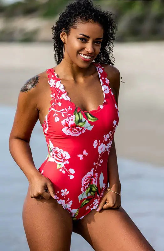 Stunning One Piece Swimsuit Pink with Beautiful Floral Design and Trim