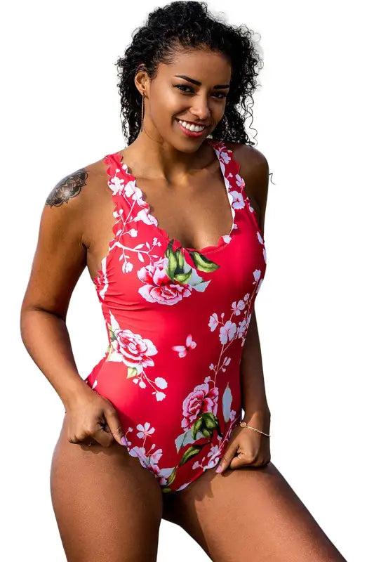 Stunning One Piece Swimsuit Pink with Beautiful Floral Design and Trim