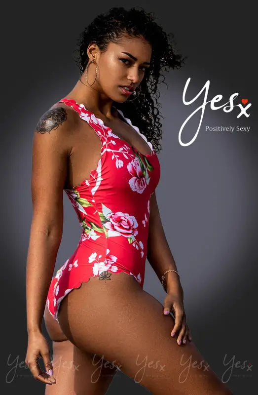 Stunning One Piece Swimsuit Pink with Beautiful Floral Design and Trim