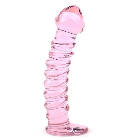 Textured Pink Glass Dildo with Velvet Storage Pouch