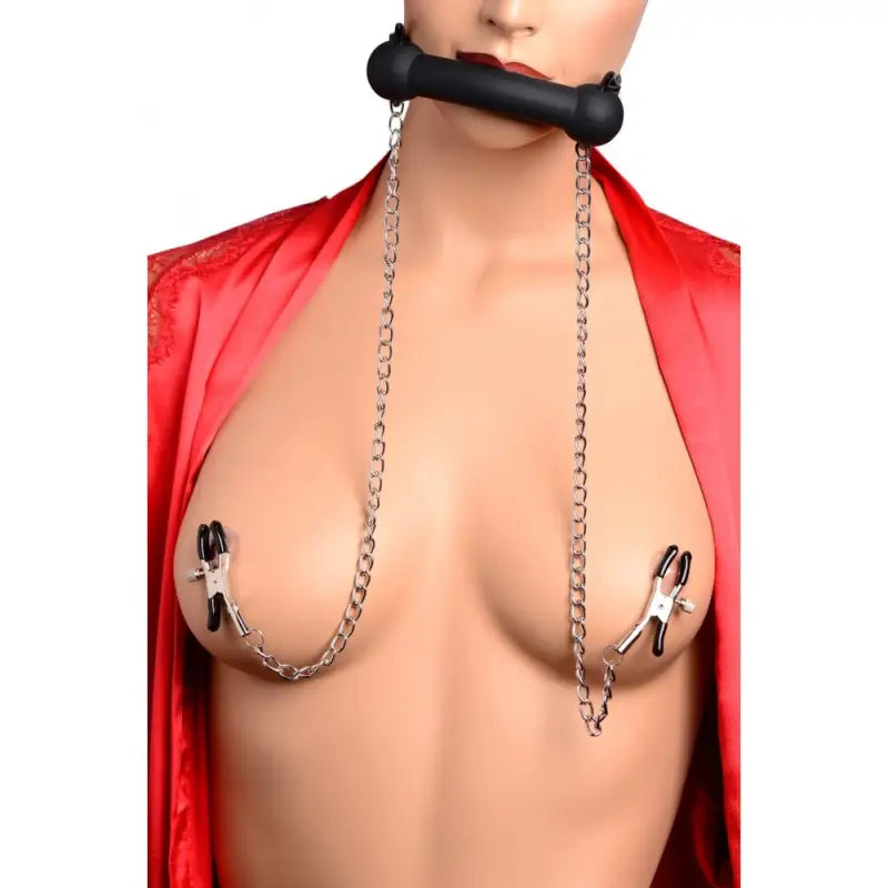 XR Silicone Bit Gag with Nipple Clamps for Enhanced Bondage Play