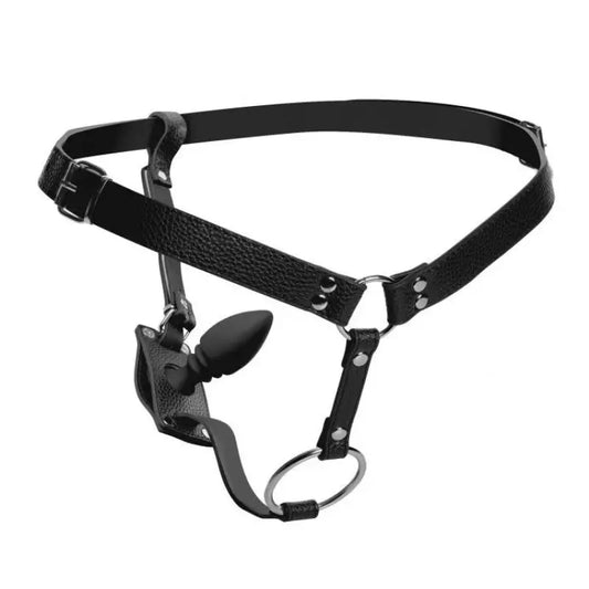 XR Strict Male Cock Ring Harness with Silicone Anal Plug for Bondage