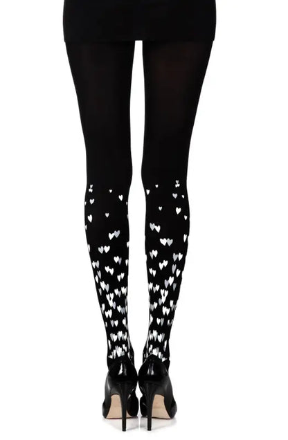 Zohara Queen of Hearts Black Print Tights with Silver Hearts Print