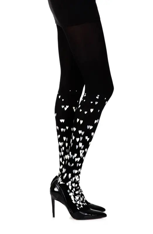 Zohara Queen of Hearts Black Print Tights with Silver Hearts Print