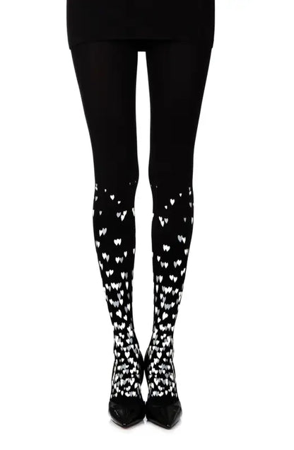 Zohara Queen of Hearts Black Print Tights with Silver Hearts Print