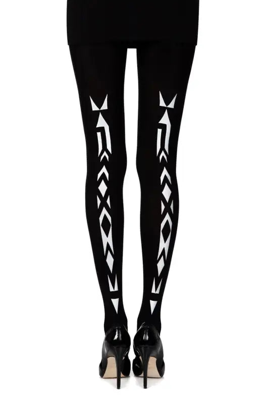 Zohara Traibel Black Tights with Ethnic Tribal Silver and Rainbow Print